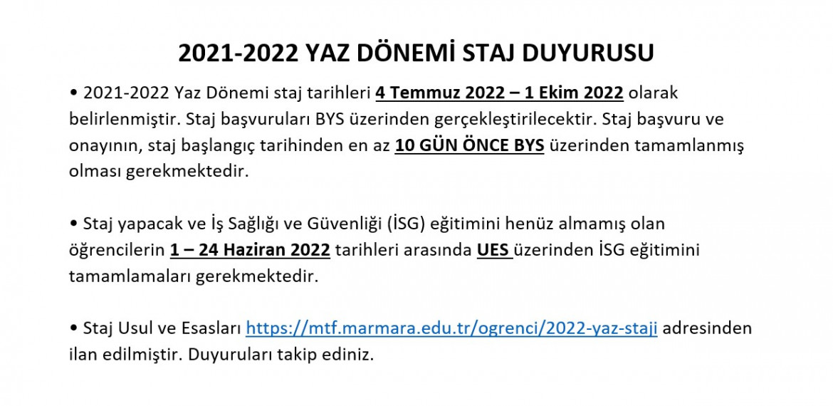 2021-2022 Yaz Dönemi Staj Duyurusu